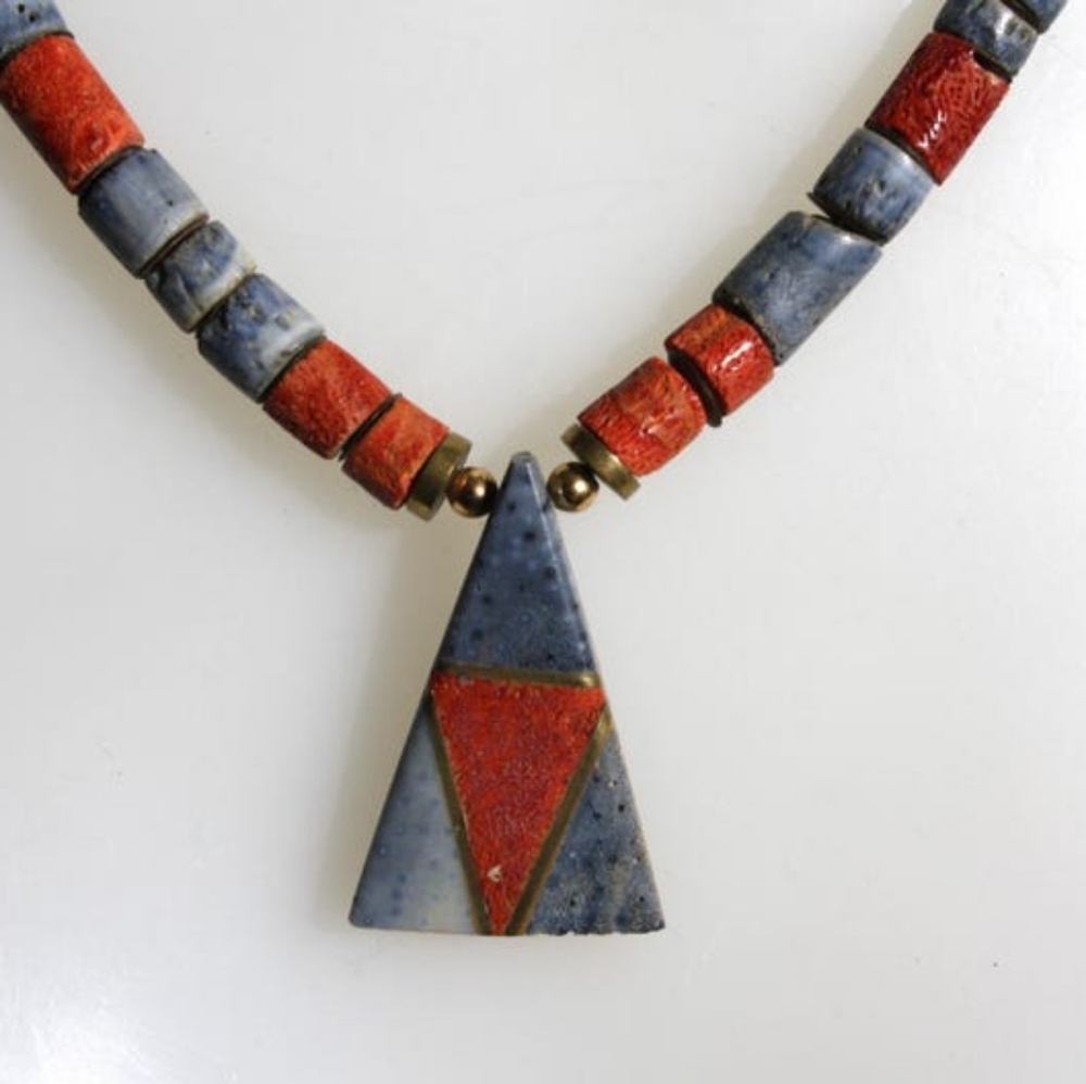 Vintage Boho Pendant necklace triangle Red and steely blue/gray. 1970s 1980s